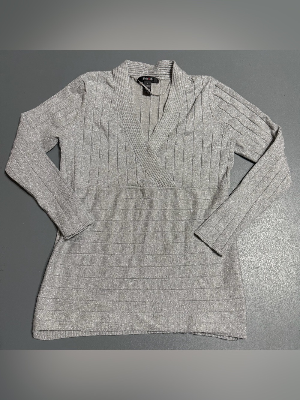 Style & Co Metallic Silver Shimmer Faux-Wrap Long Sleeve Sweater Top Size M